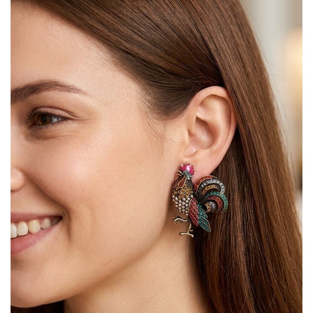Rooster Bird Earrings VTG Museum Court Art Gold Antique Deco CZ Boho Stud Retro - Picture 3 of 9